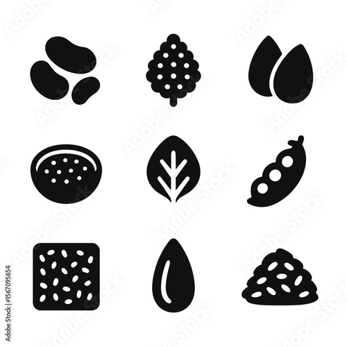 Plant-Based Protein Icons. Solid, filled icon set of plant-based protein sources: beans, quinoa, almonds, chia seeds, peas,