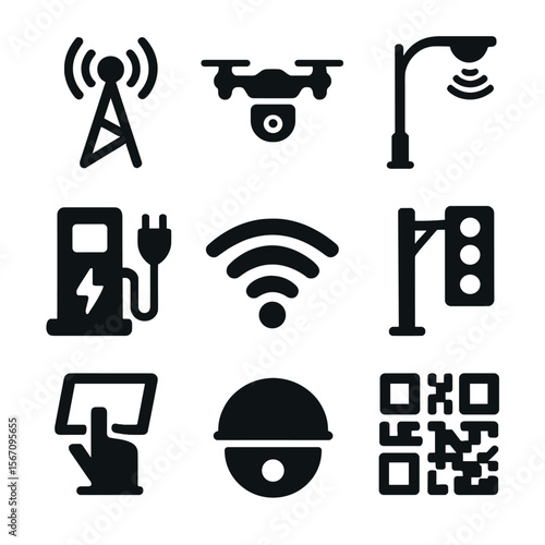 Urban Tech Icons. Solid, filled icon set of urban technology: 5G antenna, security drone, smart streetlight, electric car charger,