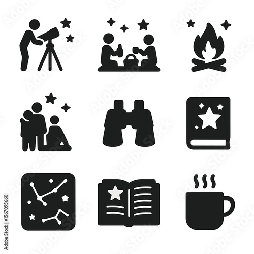 Stargazing Icon Set. Solid, filled icon set of stargazing activities: person with telescope, night picnic, campfire under stars,