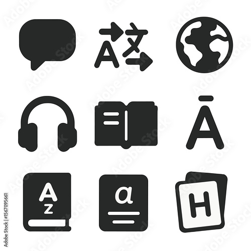 Language Learning Icons. Solid, filled icons set of language learning workshops: speech bubble, translation