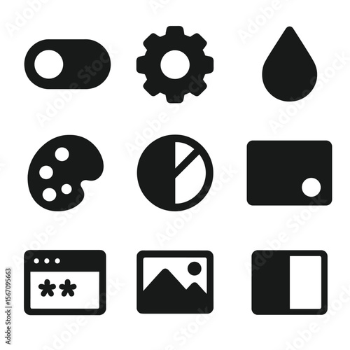 User Interface Icons. Solid, filled icon set of user interface color options: dark mode toggle, theme settings, accent color,