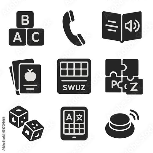 Language Learning Toys. Solid, filled icons set of language development toys: letter tiles, phonics phone,