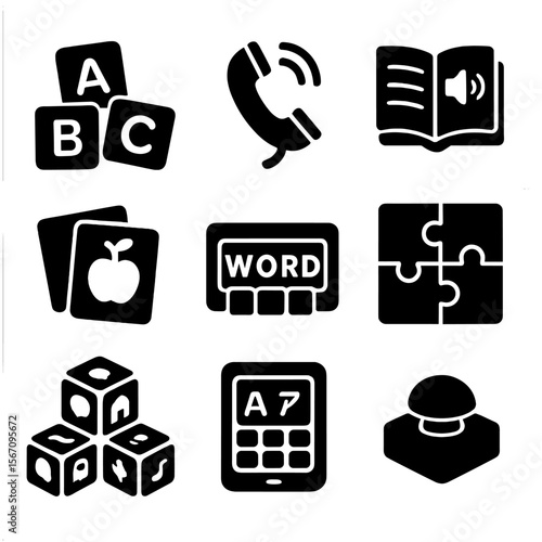 Language Learning Toys. Solid, filled icons set of language development toys: letter tiles, phonics phone,