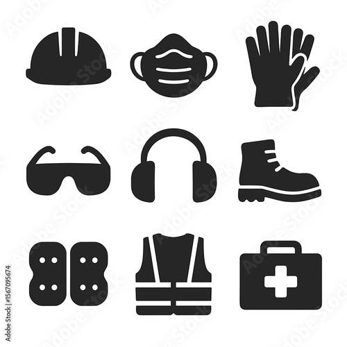 Plasterer Safety Icons. Solid, filled icon set of safety equipment for plasterers: hard hat, dust mask, gloves, safety goggles,