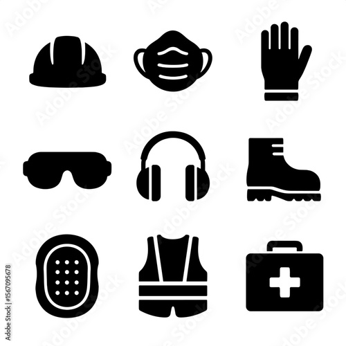 Plasterer Safety Icons. Solid, filled icon set of safety equipment for plasterers: hard hat, dust mask, gloves, safety goggles,