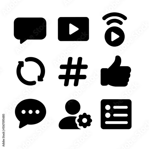 Platform Features Icons. Solid, filled icon set of platform features: direct messaging, video upload, live streaming, story