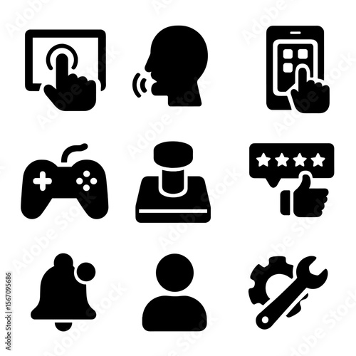User Interface Icons. Solid, filled icon set of user interaction interfaces: touchscreen panel, voice recognition, app control,