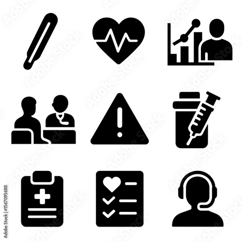 Vaccination Monitoring Icons. Solid, filled icon set of vaccination effects and monitoring: thermometer, heart rate, symptom chart