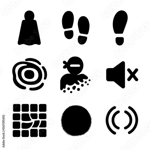 Stealth Teleportation Icons. Solid, filled icon set of stealth teleportation: shadow cloak, silent step, invisible trace, light