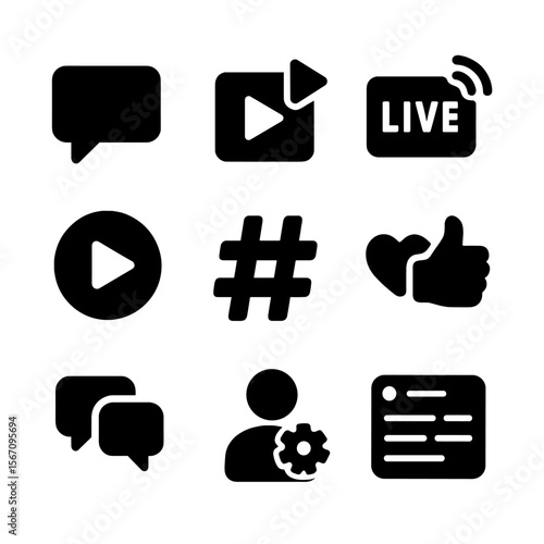 Platform Features Icons. Solid, filled icon set of platform features: direct messaging, video upload, live streaming, story