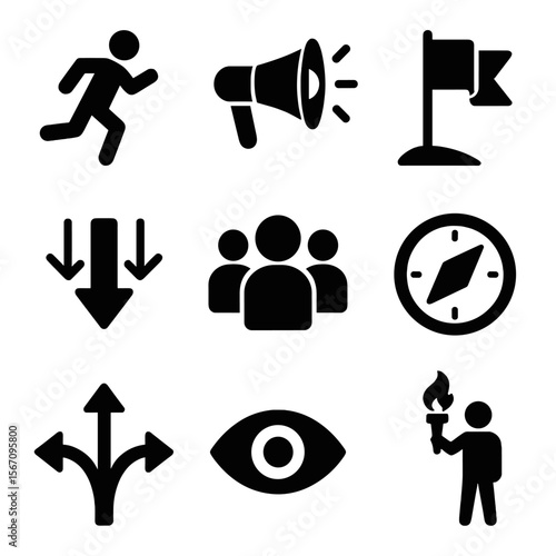 Leadership Icon Set. Solid, filled icons set of leadership in motion: lead runner icon, megaphone callout,