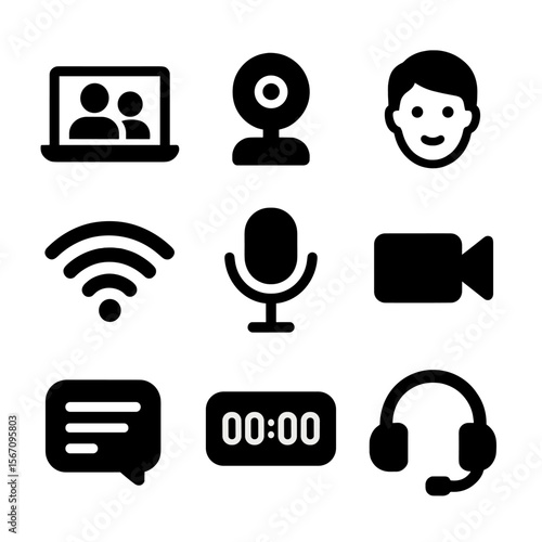 Video Call Icons. Solid, filled icon set of online video calls: laptop screen, webcam, two faces, Wi-Fi symbol, mute mic, video