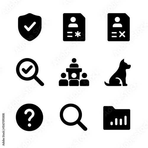 Political Accountability Icons. Solid, filled icon set of political accountability: responsibility badge, ethics report,