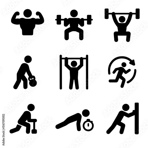 Strength Training Icons. Solid, filled icon set of strength training styles: bodybuilding, powerlifting, olympic lifting, crossfit