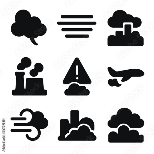 Polluted Sky Icons. Solid, filled icon set of polluted and changing skies: smoke cloud, haze symbol, smoggy skyline, industrial