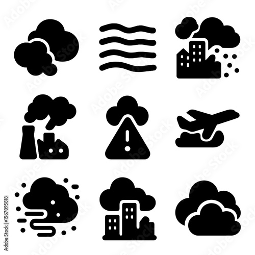 Polluted Sky Icons. Solid, filled icon set of polluted and changing skies: smoke cloud, haze symbol, smoggy skyline, industrial