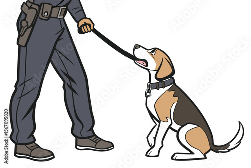 Cartoon Police Officer with K9 Unit Beagle Sitting Patiently