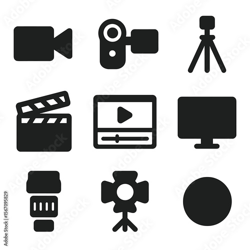 Video Recording Icons. Solid, filled icon set of video recording: video camera, camcorder, tripod, clapperboard, video editing