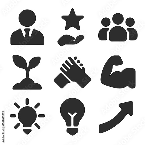 Leadership Icons Grid. Solid, filled icons set of leadership and growth coaching: leader icon, star icon, team