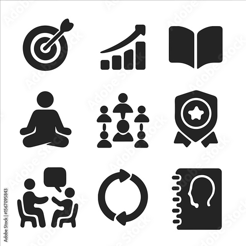 Leadership Growth Icons. Solid, filled icons set of personal development for leaders: goal setting, growth