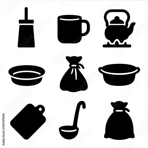 Vintage Kitchen Icon Set. Solid, filled icon set of kitchenware from the past: butter churn, tin cup, kettle on stove, pie pan,