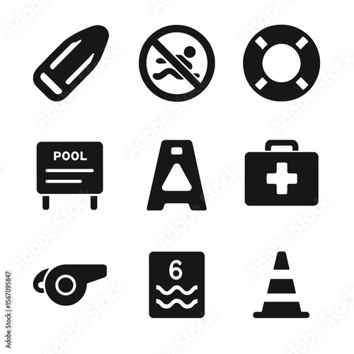 Pool Safety Icons. Solid, filled icon set of pool safety and rules: lifeguard float, no diving sign, life preserver, pool rules