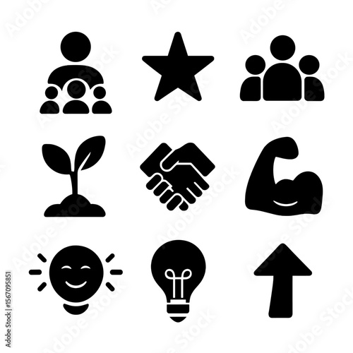 Leadership Icons Grid. Solid, filled icons set of leadership and growth coaching: leader icon, star icon, team