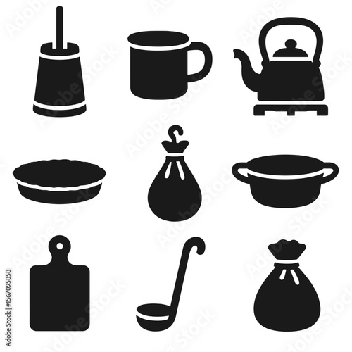 Vintage Kitchen Icon Set. Solid, filled icon set of kitchenware from the past: butter churn, tin cup, kettle on stove, pie pan,