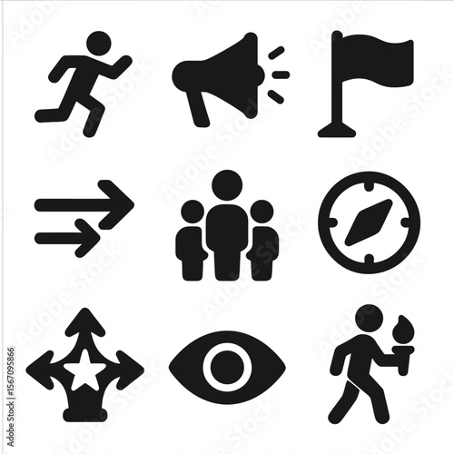 Leadership Icon Set. Solid, filled icons set of leadership in motion: lead runner icon, megaphone callout,