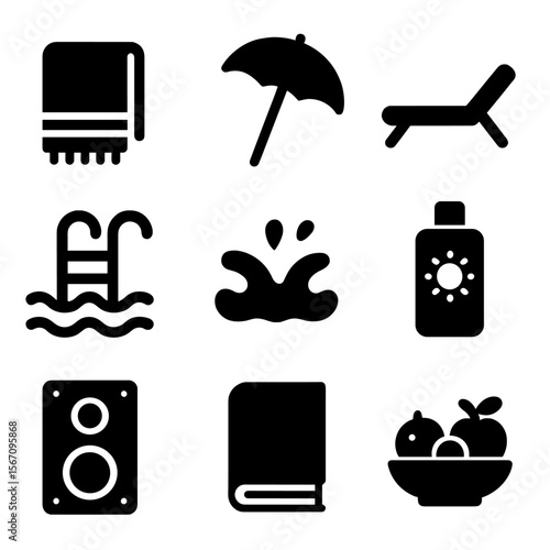 Poolside Essentials Icons. towel, sun umbrella, lounge chair, pool steps, water splash, tanning oil, music speaker, book, fruit