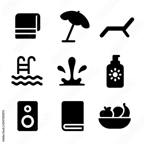Poolside Essentials Icons. towel, sun umbrella, lounge chair, pool steps, water splash, tanning oil, music speaker, book, fruit