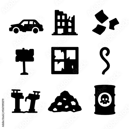 Post-Apocalyptic Icon Set. Solid, filled icon set of post-apocalyptic environment: abandoned car, ruined building, scattered