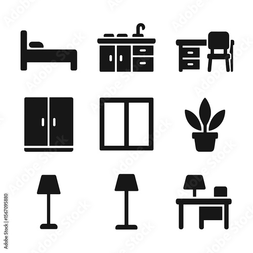 Studio Apartment Icons. Solid, filled icon set of single living space: studio apartment, single bed, kitchenette, desk, chair,