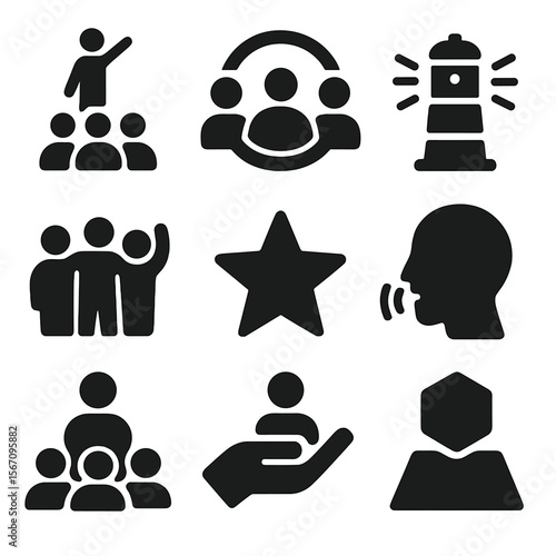 Leadership Icons Set. Solid, filled icons set of local leadership and empowerment: leadership icon, trust