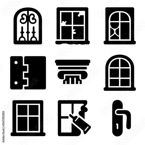 Vintage Window Icons. Solid, filled icon set of vintage window elements: wrought iron window, peeling paint window, cracked glass,