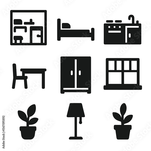 Studio Apartment Icons. Solid, filled icon set of single living space: studio apartment, single bed, kitchenette, desk, chair,