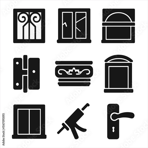 Vintage Window Icons. Solid, filled icon set of vintage window elements: wrought iron window, peeling paint window, cracked glass,
