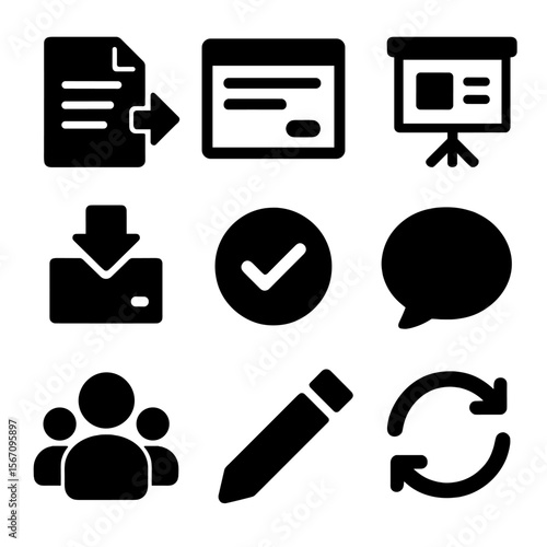 Virtual Collaboration Icons. Solid, filled icon set of virtual collaboration: shared document, chat window, whiteboard, file