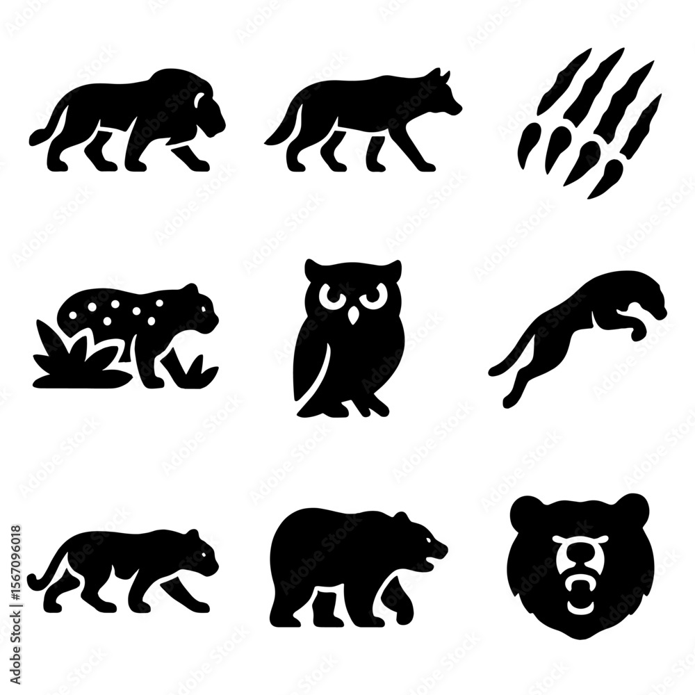 Fototapeta premium Predator Behavior Icon Set. Solid, filled icon set of predator behavior: stalking lion, hunting wolf, claw attack, sharp teeth,