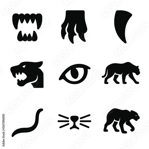 Predator Anatomy Icons. Solid, filled icon set of predator anatomy: sharp teeth, claws, fangs, powerful jaws, piercing eyes,