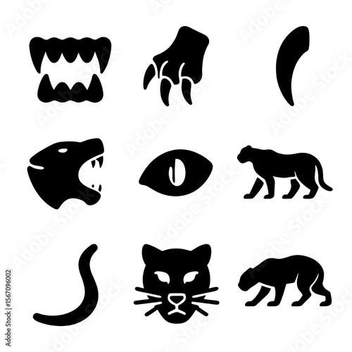 Predator Anatomy Icons. Solid, filled icon set of predator anatomy: sharp teeth, claws, fangs, powerful jaws, piercing eyes,