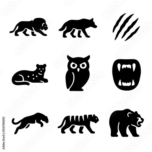 Predator Behavior Icon Set. Solid, filled icon set of predator behavior: stalking lion, hunting wolf, claw attack, sharp teeth,
