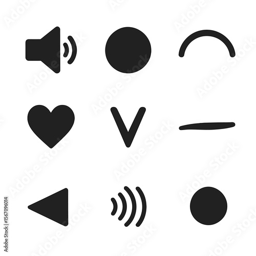 Vocal Expression Icons. Solid, filled icon set of vocal expression tools: dynamics control, tone color, phrasing mark, emotional