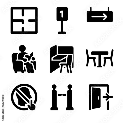 Library Icons Set. Solid, filled icons set of library layout and organization: floor plan, aisle marker,