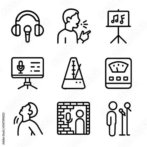 Vocal Training Icons. Solid, filled icon set of vocal training and rehearsal: microphone with headphones, vocal coach, sheet music