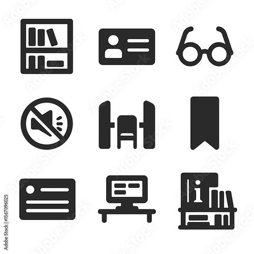 Library Icons Grid. Solid, filled icons set of library research environment: bookshelf, library card, reading