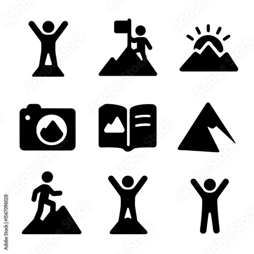 Summit Icon Set. Solid, filled icon set of summiting moment: climber on peak, raised arms, mountain flag, sunrise view, photo