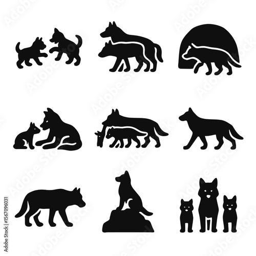 Predator Lifecycle Icons. Solid, filled icon set of predator lifecycle: cubs playing, mating pair, den building, parental care,