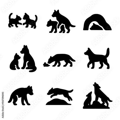 Predator Lifecycle Icons. Solid, filled icon set of predator lifecycle: cubs playing, mating pair, den building, parental care,