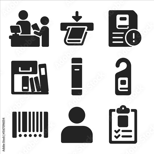 Library Task Icons. Solid, filled icons set of library management tasks: check-out counter, return slot,
